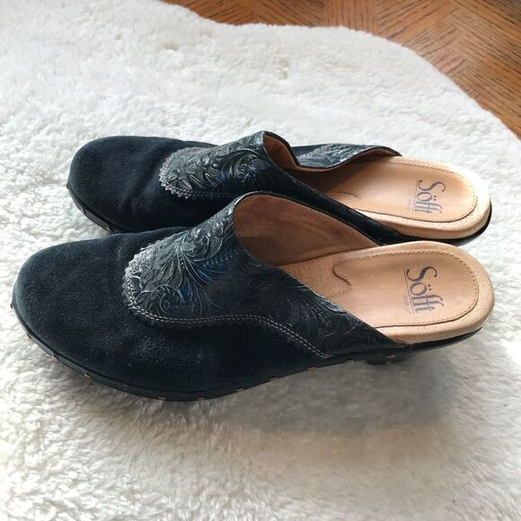 Sofft 9.5 Blue Suede Tooled Leather Heeled Mule - Picture 2 of 7